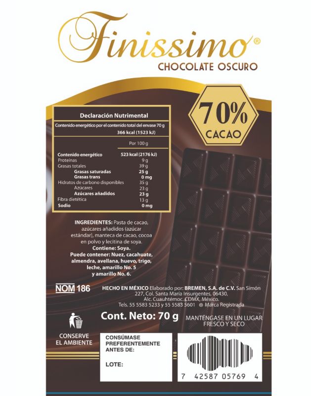 Finissimo 70% Cacao - Tablilla con 70 g